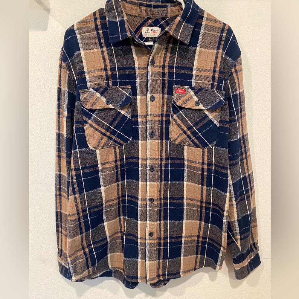 Brixton Coors Banquet Shirt Men Blue Brown Button Up Flannel Collaboration XL